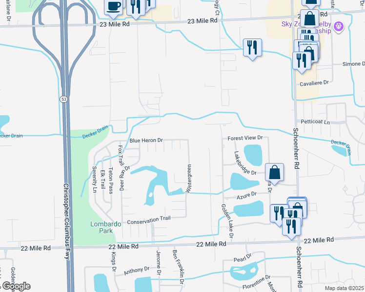 map of restaurants, bars, coffee shops, grocery stores, and more near 49742 Thornapple Court in Macomb County