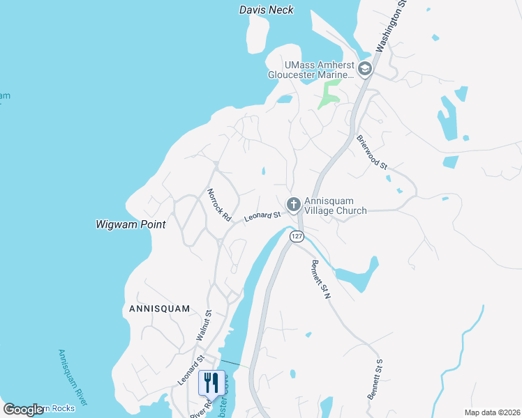 map of restaurants, bars, coffee shops, grocery stores, and more near 131 Leonard Street in Gloucester