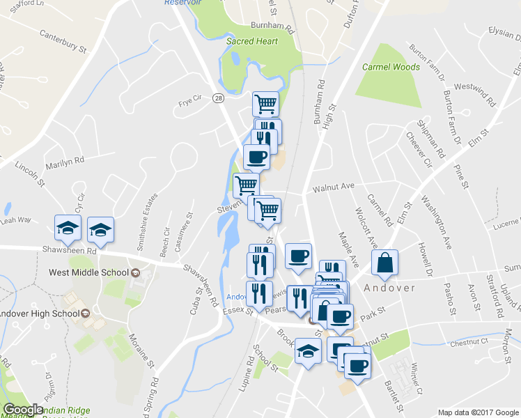map of restaurants, bars, coffee shops, grocery stores, and more near 166 North Main Street in Andover