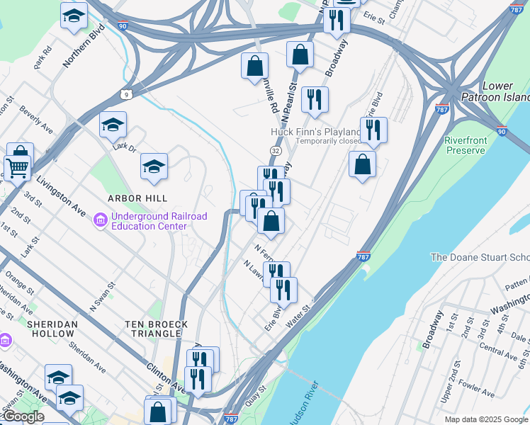 map of restaurants, bars, coffee shops, grocery stores, and more near 918 Broadway in Albany