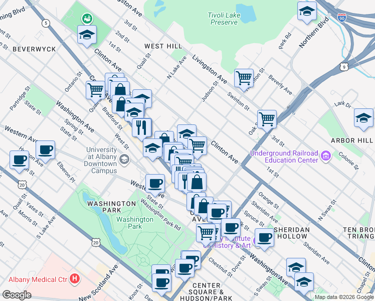 map of restaurants, bars, coffee shops, grocery stores, and more near 400 Sheridan Avenue in Albany