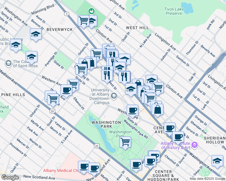 map of restaurants, bars, coffee shops, grocery stores, and more near 415 Washington Avenue in Albany