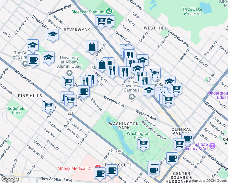 map of restaurants, bars, coffee shops, grocery stores, and more near 38 Cortland Place in Albany