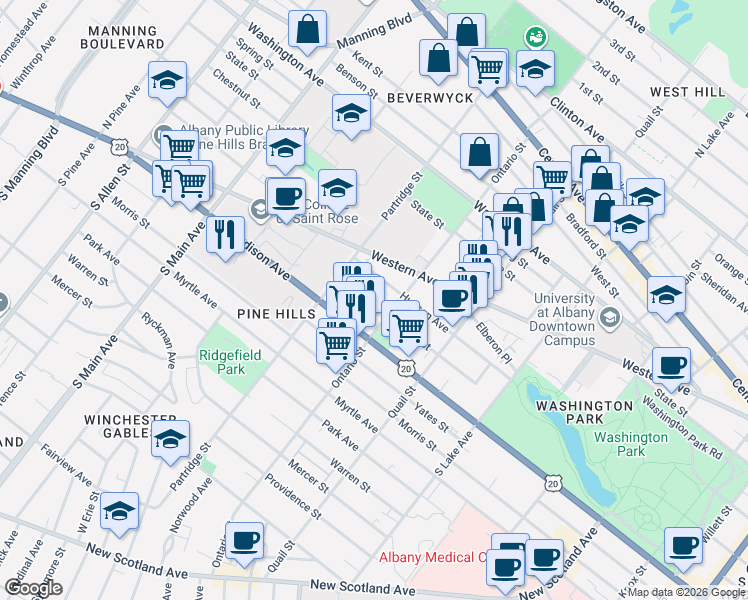 map of restaurants, bars, coffee shops, grocery stores, and more near 506 Hamilton Street in Albany