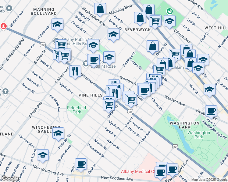 map of restaurants, bars, coffee shops, grocery stores, and more near 506 Hamilton Street in Albany