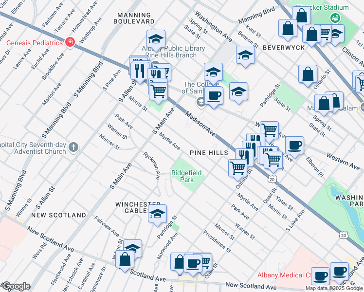 map of restaurants, bars, coffee shops, grocery stores, and more near 761 Myrtle Avenue in Albany