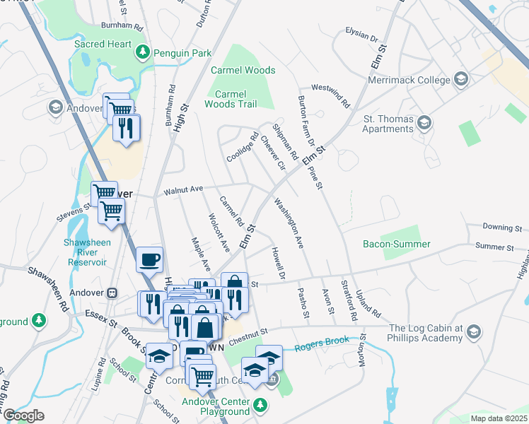 map of restaurants, bars, coffee shops, grocery stores, and more near 86 Elm Street in Andover