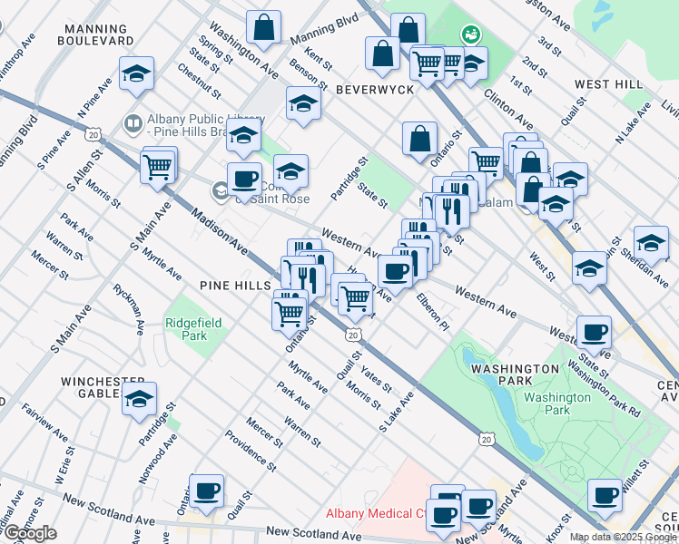 map of restaurants, bars, coffee shops, grocery stores, and more near 263 Ontario Street in Albany