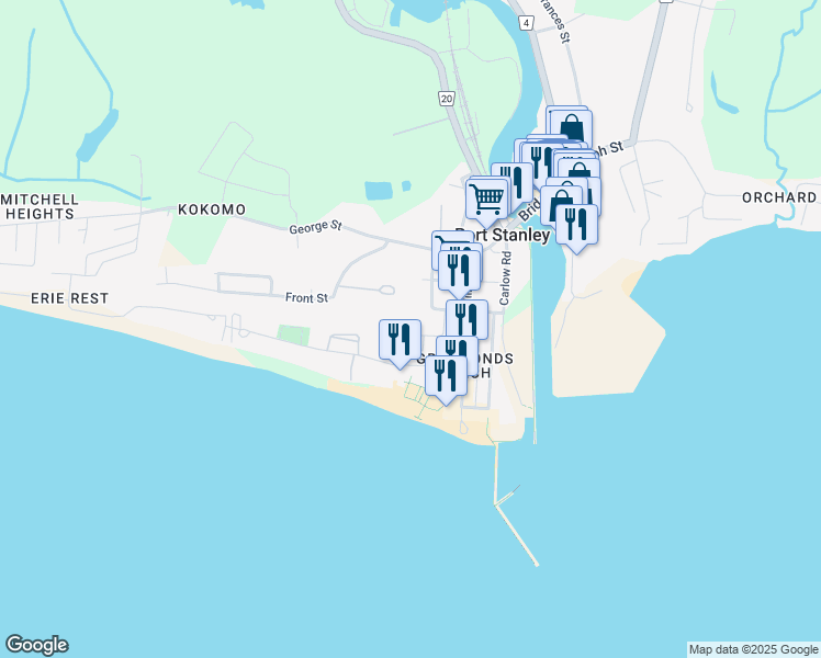 map of restaurants, bars, coffee shops, grocery stores, and more near 347 First Street in Port Stanley