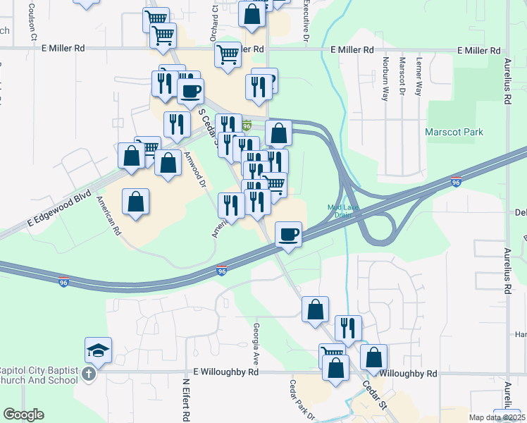 map of restaurants, bars, coffee shops, grocery stores, and more near 6640 South Pennsylvania Avenue in Lansing