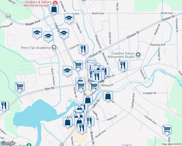 map of restaurants, bars, coffee shops, grocery stores, and more near 3 Maiden Lane in Penn Yan