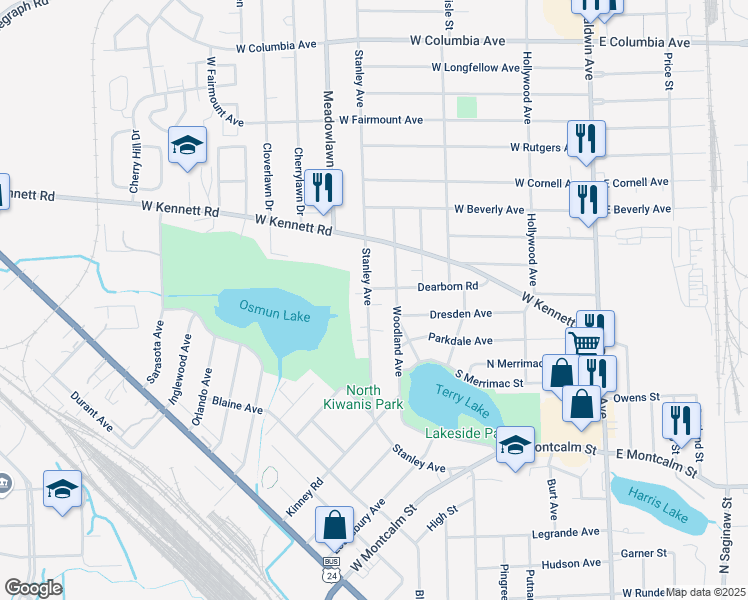 map of restaurants, bars, coffee shops, grocery stores, and more near 904 Stanley Avenue in Pontiac