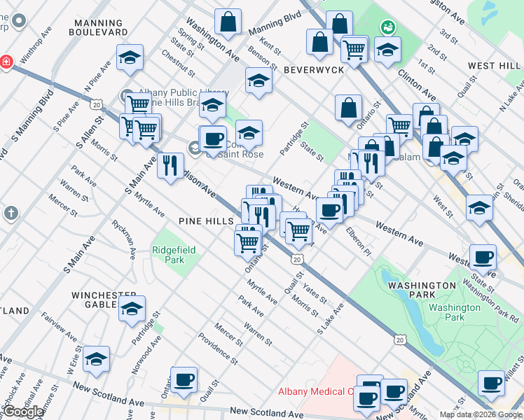 map of restaurants, bars, coffee shops, grocery stores, and more near 506 Hamilton Street in Albany