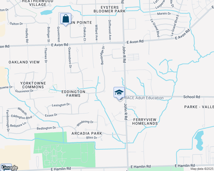 map of restaurants, bars, coffee shops, grocery stores, and more near 1251 Bembridge Drive in Rochester Hills