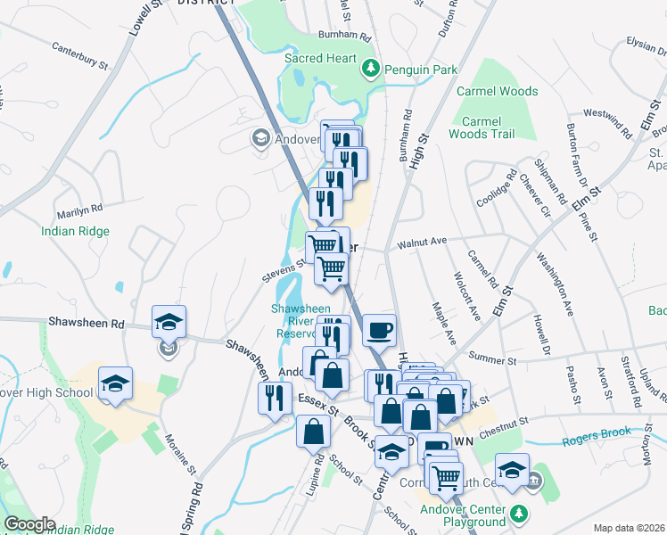 map of restaurants, bars, coffee shops, grocery stores, and more near 166 North Main Street in Andover