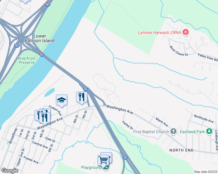 map of restaurants, bars, coffee shops, grocery stores, and more near 1 Saint Anthony Lane in Rensselaer