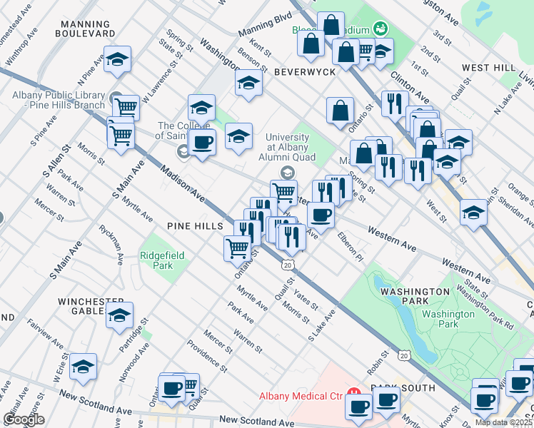 map of restaurants, bars, coffee shops, grocery stores, and more near 506 Hamilton Street in Albany