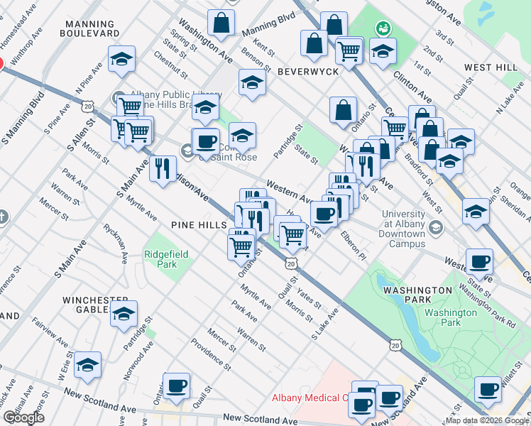 map of restaurants, bars, coffee shops, grocery stores, and more near 506 Hamilton Street in Albany