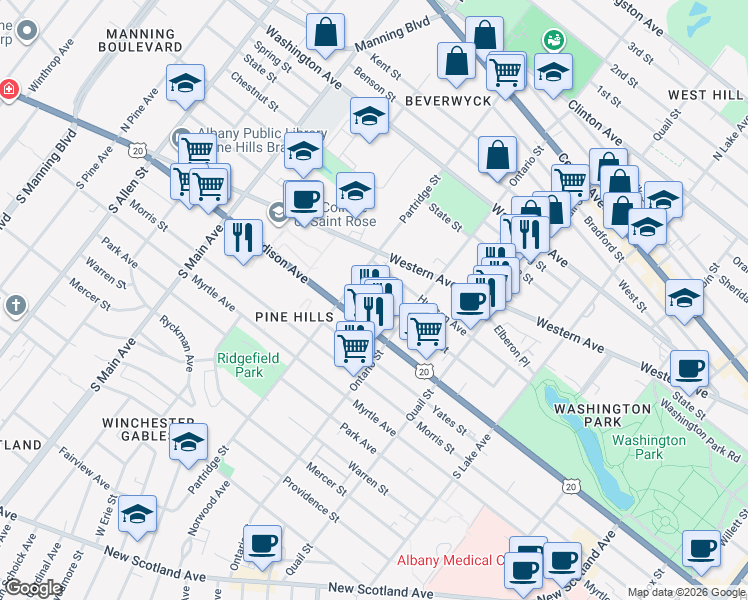 map of restaurants, bars, coffee shops, grocery stores, and more near 506 Hamilton Street in Albany