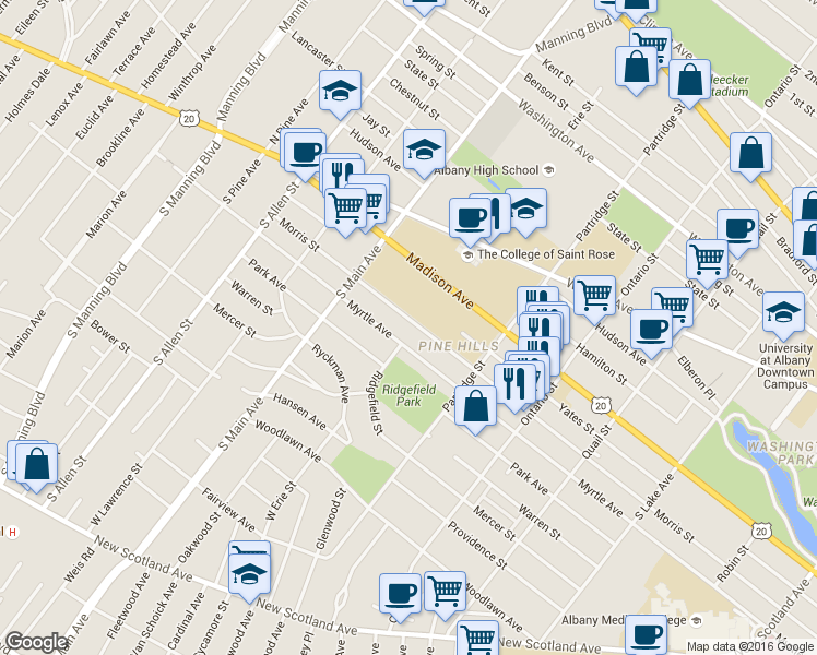 map of restaurants, bars, coffee shops, grocery stores, and more near 761 Myrtle Avenue in Albany