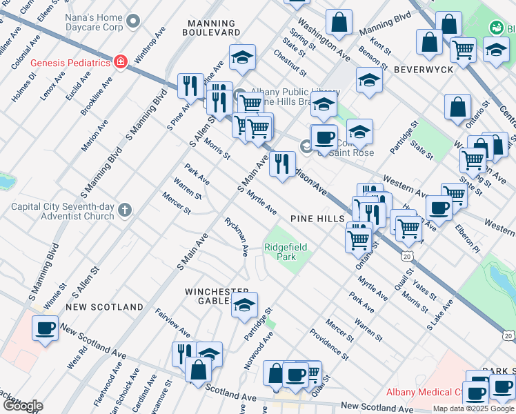map of restaurants, bars, coffee shops, grocery stores, and more near 795 Park Avenue in Albany