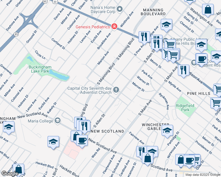 map of restaurants, bars, coffee shops, grocery stores, and more near 7 Bower Street in Albany