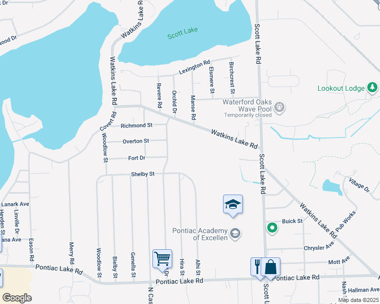 map of restaurants, bars, coffee shops, grocery stores, and more near 1496 Alhi Street in Waterford Township