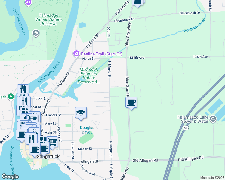 map of restaurants, bars, coffee shops, grocery stores, and more near 611 North Maple Street in Saugatuck