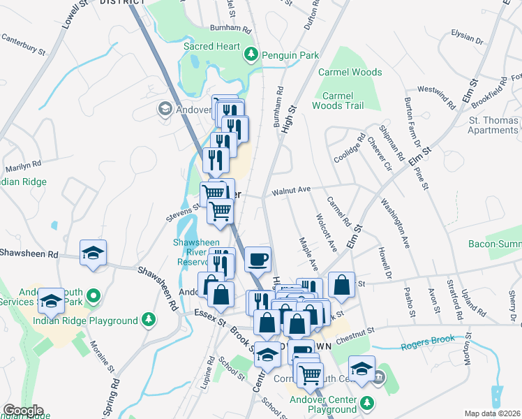 map of restaurants, bars, coffee shops, grocery stores, and more near 70 High Street in Andover