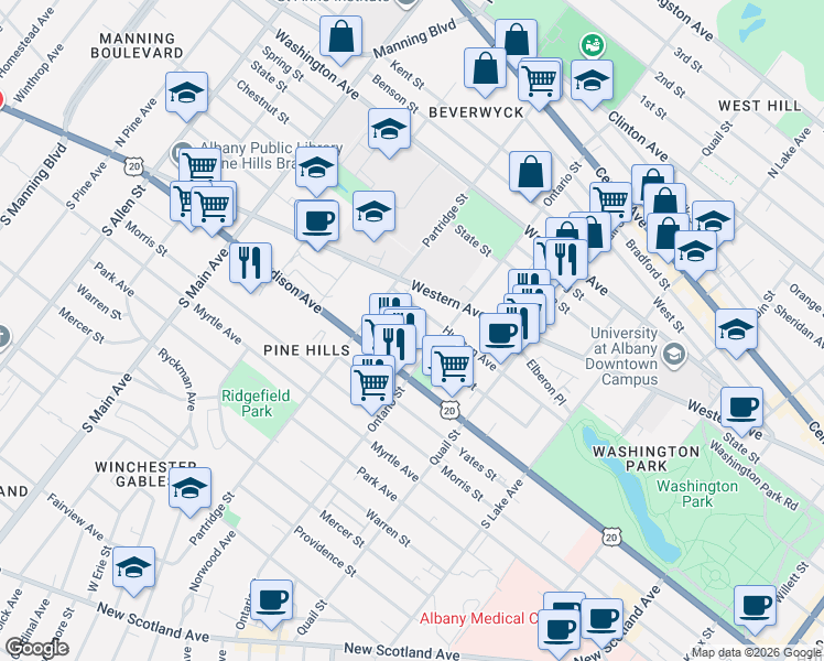 map of restaurants, bars, coffee shops, grocery stores, and more near 515 Hamilton Street in Albany