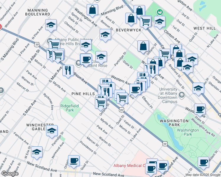 map of restaurants, bars, coffee shops, grocery stores, and more near 506 Hamilton Street in Albany