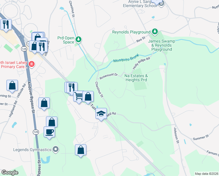 map of restaurants, bars, coffee shops, grocery stores, and more near 298 Rosemont Drive in North Andover