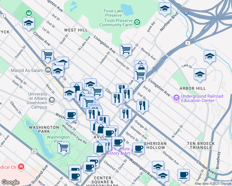 map of restaurants, bars, coffee shops, grocery stores, and more near 369 Clinton Avenue in Albany