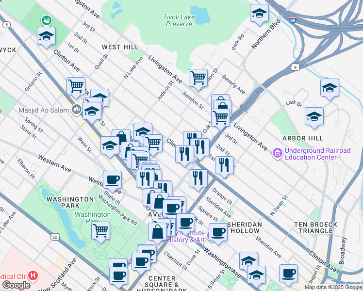 map of restaurants, bars, coffee shops, grocery stores, and more near 383 Clinton Avenue in Albany