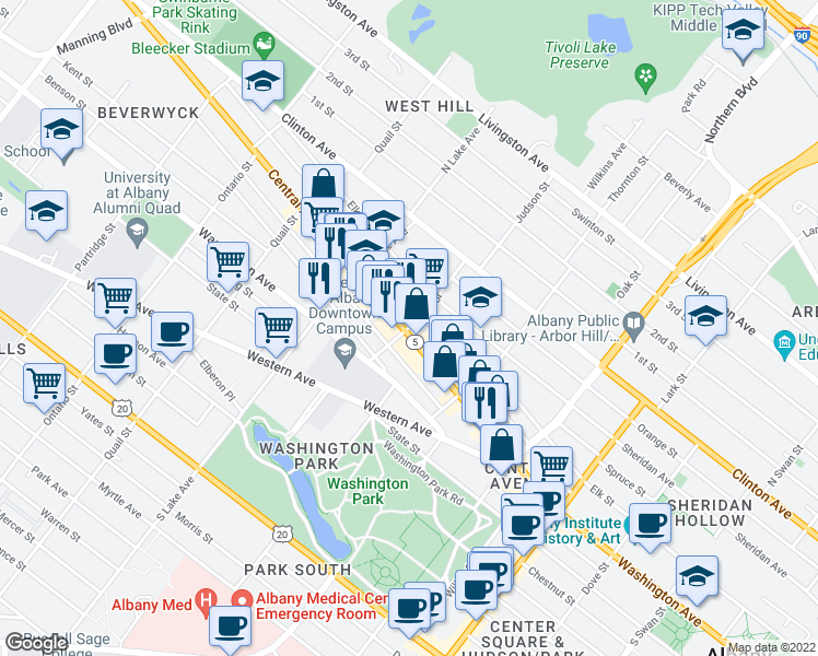 map of restaurants, bars, coffee shops, grocery stores, and more near Robin Street in Albany