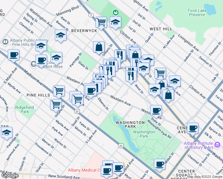 map of restaurants, bars, coffee shops, grocery stores, and more near 188 Western Avenue in Albany