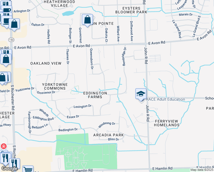 map of restaurants, bars, coffee shops, grocery stores, and more near 1313 Pembroke Drive in Rochester Hills