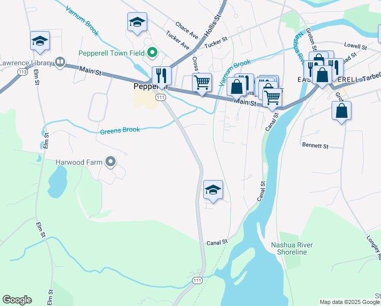 map of restaurants, bars, coffee shops, grocery stores, and more near 27 River Road in Pepperell