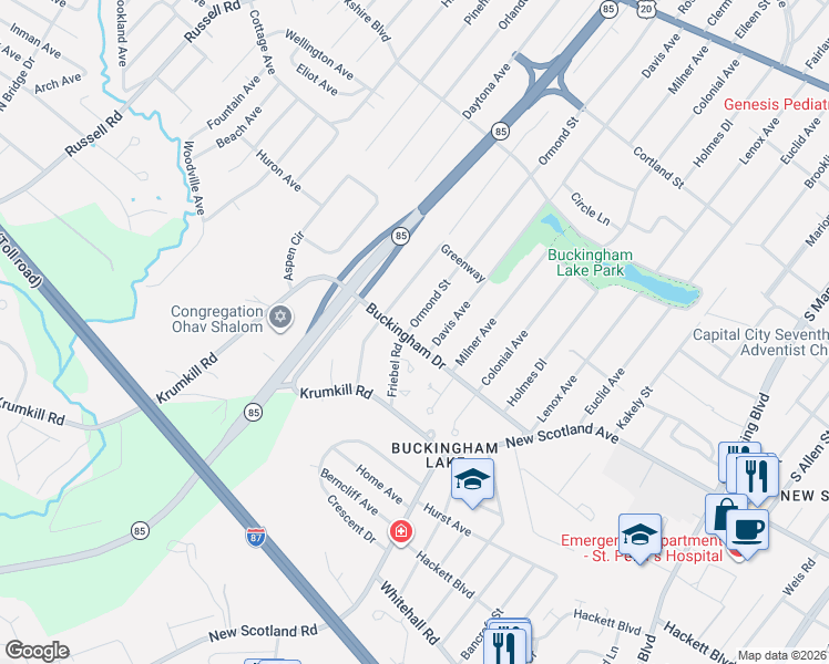 map of restaurants, bars, coffee shops, grocery stores, and more near 90 Buckingham Drive in Albany
