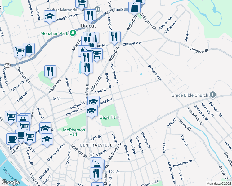 map of restaurants, bars, coffee shops, grocery stores, and more near 585 Beacon Street in Lowell