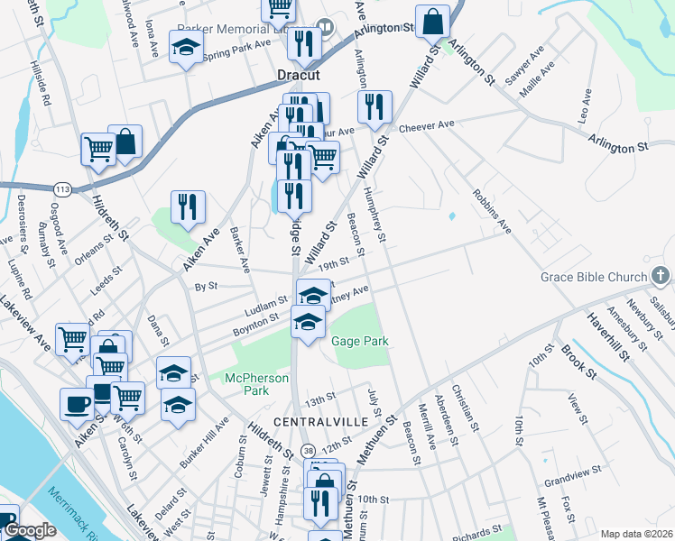 map of restaurants, bars, coffee shops, grocery stores, and more near 78 Whitney Avenue in Lowell