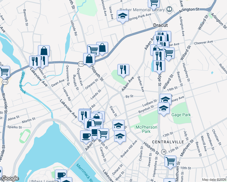 map of restaurants, bars, coffee shops, grocery stores, and more near 186 Aiken Avenue in Lowell