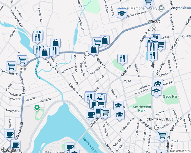 map of restaurants, bars, coffee shops, grocery stores, and more near 294 Cumberland Road in Lowell