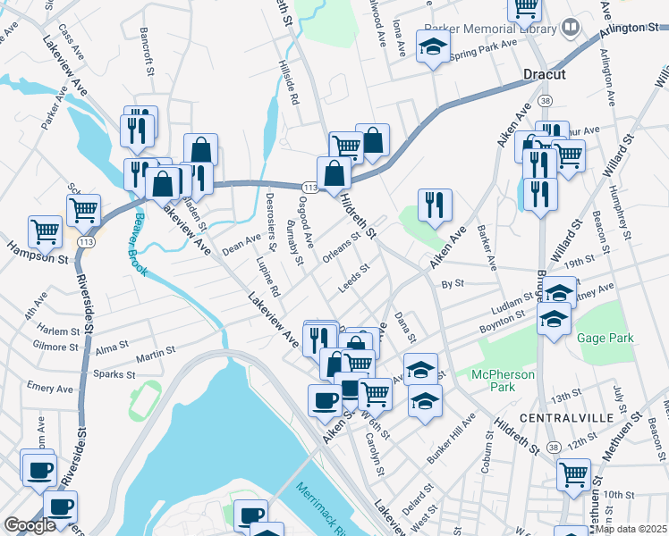 map of restaurants, bars, coffee shops, grocery stores, and more near 294 Cumberland Road in Lowell