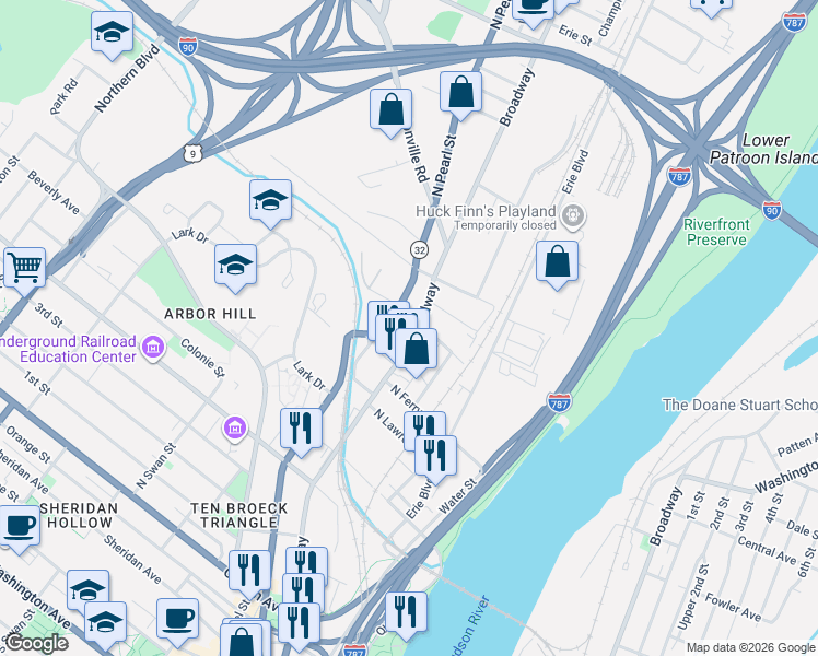 map of restaurants, bars, coffee shops, grocery stores, and more near 918 Broadway in Albany