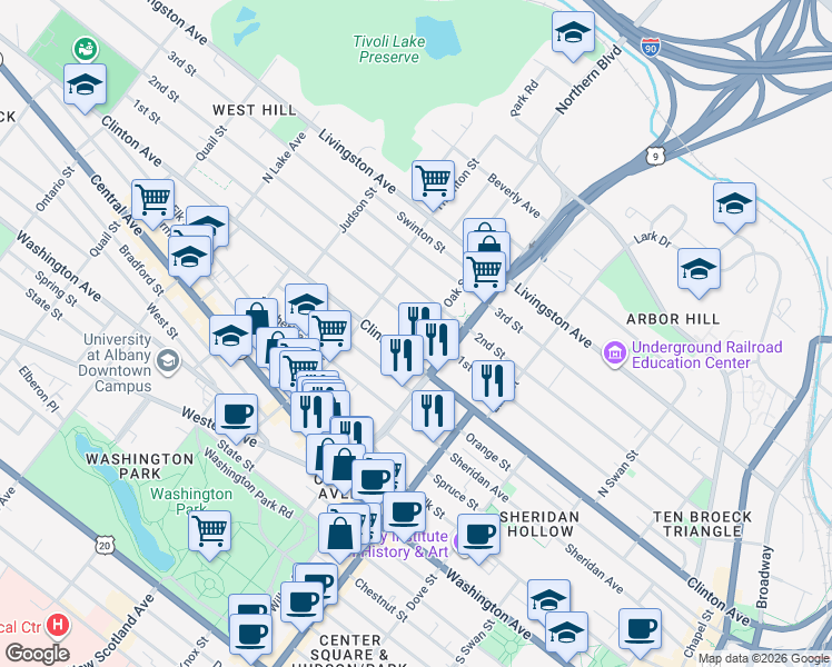 map of restaurants, bars, coffee shops, grocery stores, and more near 369 Clinton Avenue in Albany