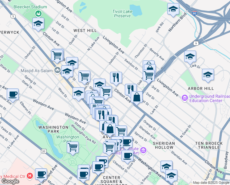 map of restaurants, bars, coffee shops, grocery stores, and more near 395 Orange Street in Albany