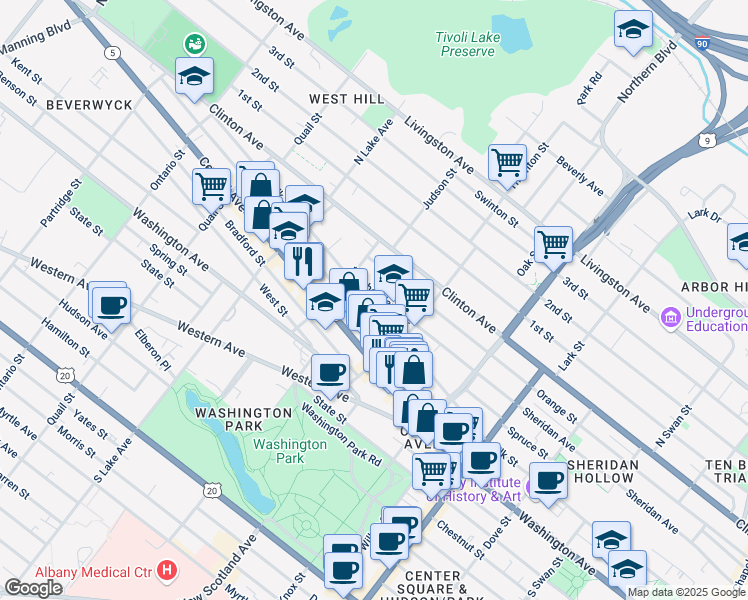 map of restaurants, bars, coffee shops, grocery stores, and more near 400 Sheridan Avenue in Albany