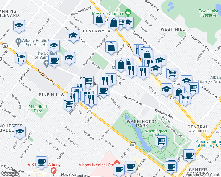 map of restaurants, bars, coffee shops, grocery stores, and more near in Albany