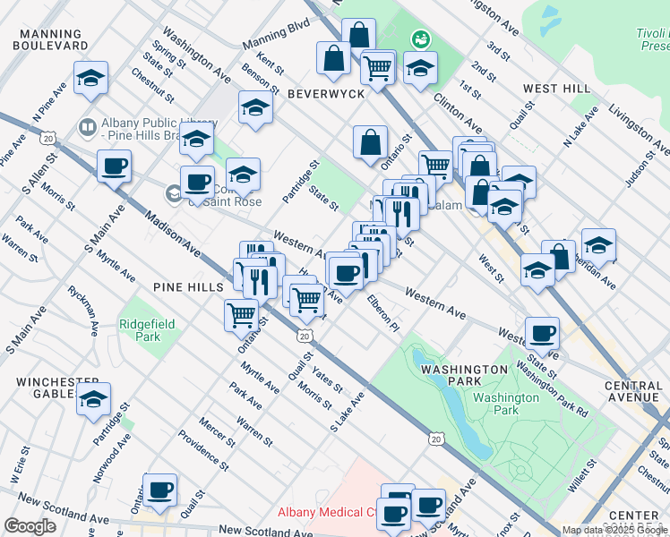 map of restaurants, bars, coffee shops, grocery stores, and more near 465 Hudson Avenue in Albany